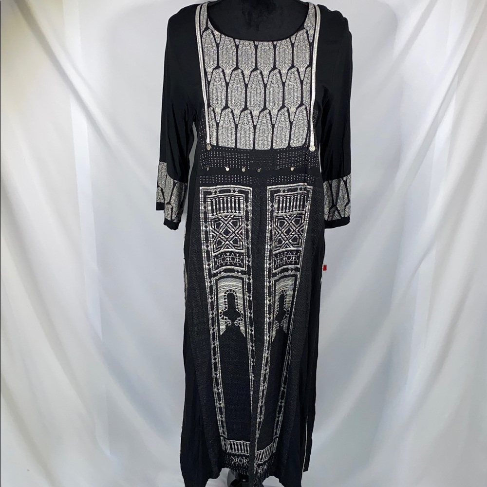 W For Woman Black Embroidered Geometric Kurta Tunic Dress Size 16